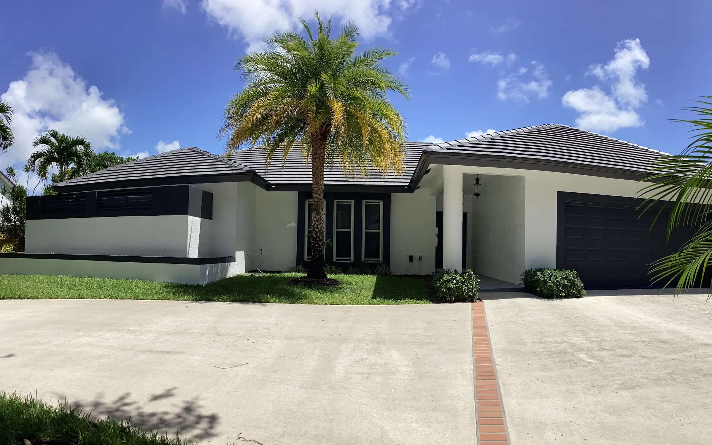 Ranch home in West Palm Beach repainted white with charcoal trim and a black garage door, a palm in front